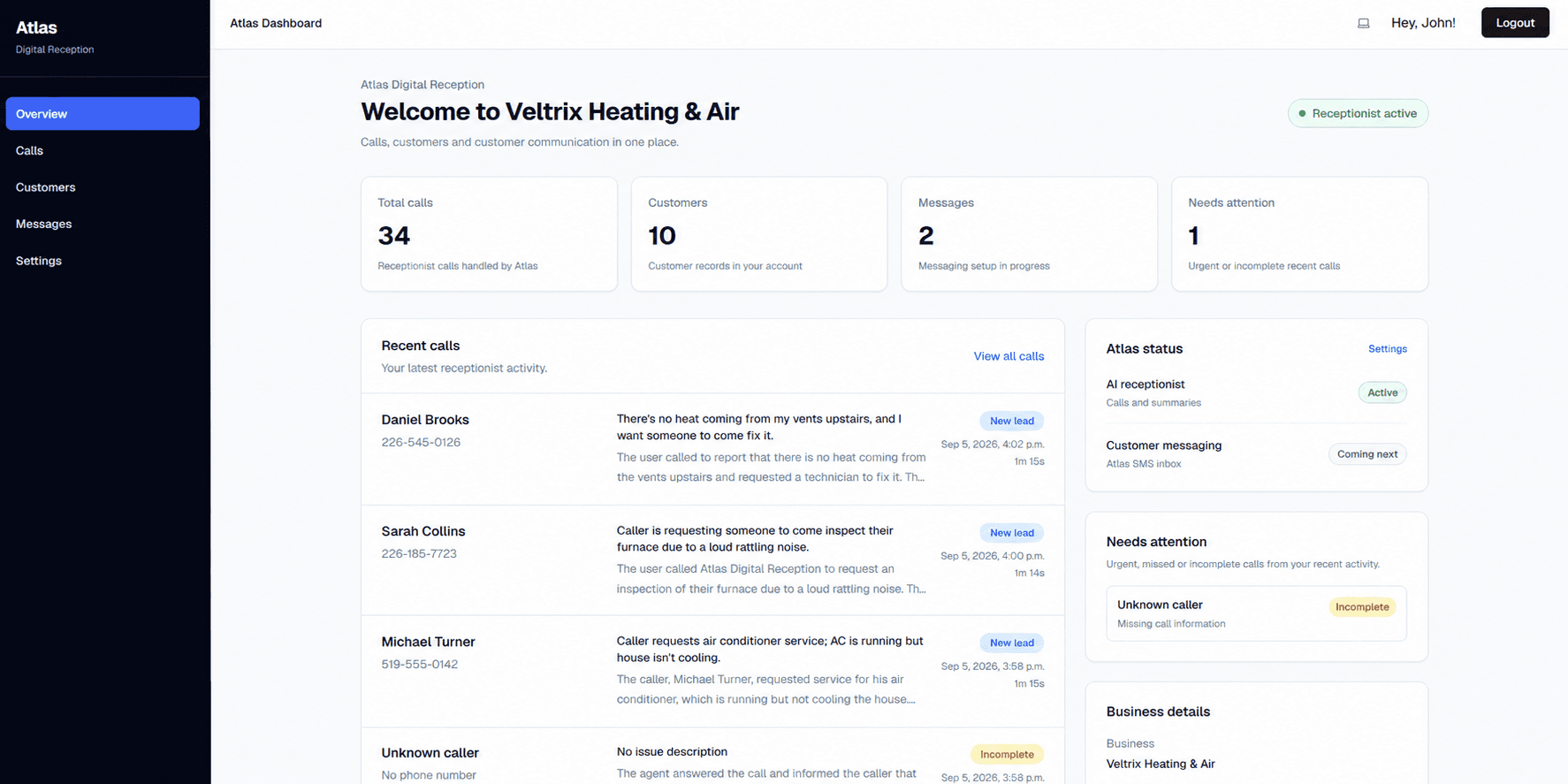 Preview of the Atlas Digital Reception dashboard